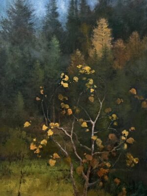 painting by shanna kunz of a small tree with leaves turning gold