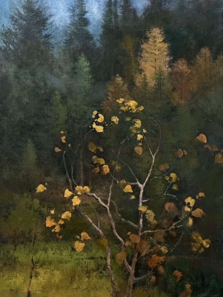 painting by shanna kunz of a small tree with leaves turning gold