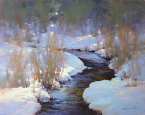 painting by Barbara jaenicke of a snow banked mountain stream