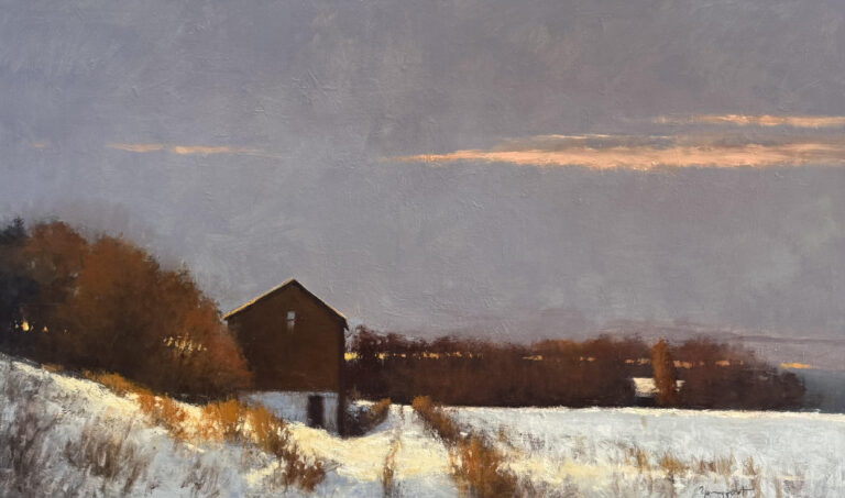 painting by romona youngquist of a snow covered field with a large barn and tree line in the backgroundd