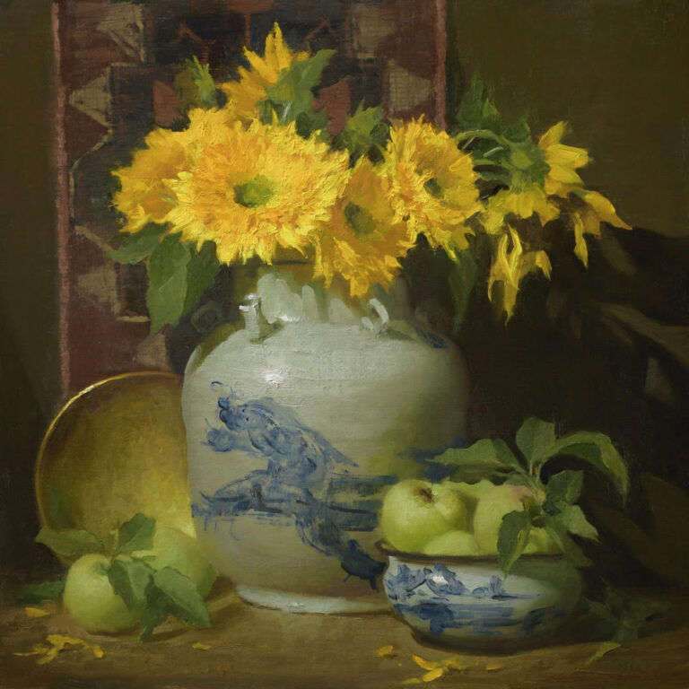painting by elizabeth robbins of a vase filled with big, golden sunflowers