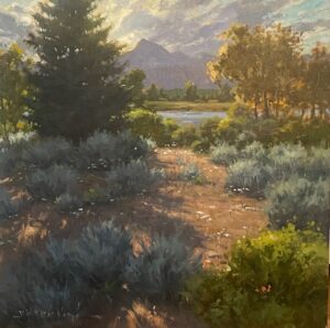 painting by bill farnsworth of a path leading to a shimmering lake, with the teton mountains in the background