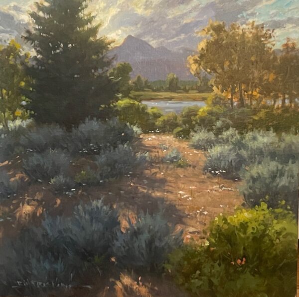 painting by bill farnsworth of a path leading to a shimmering lake, with the teton mountains in the background