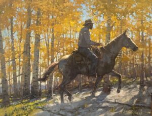 painting by bill farnsworth of a man on a horse riding up a hill in a scene with trees in the background
