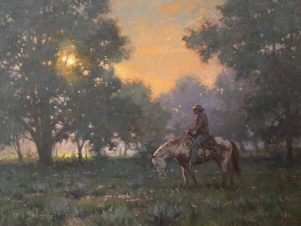 painting by bill farnsworth of a man riding a hourse in a wooded scene