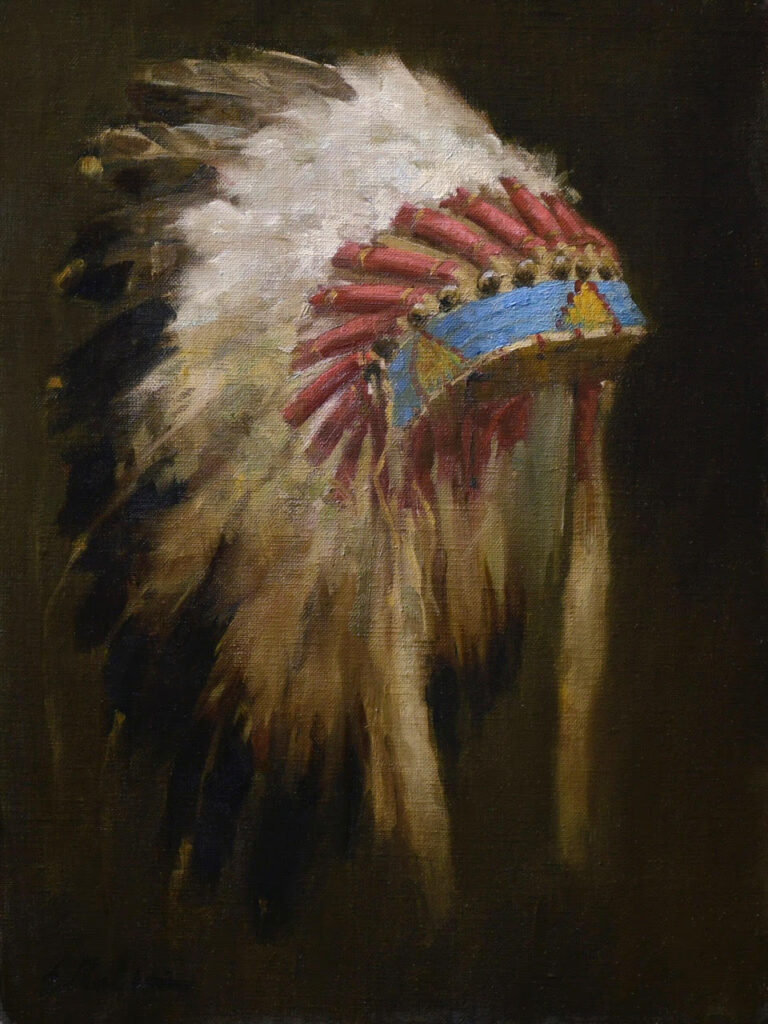 painting by elizabeth robbins of a cheftain's headress against a dark background