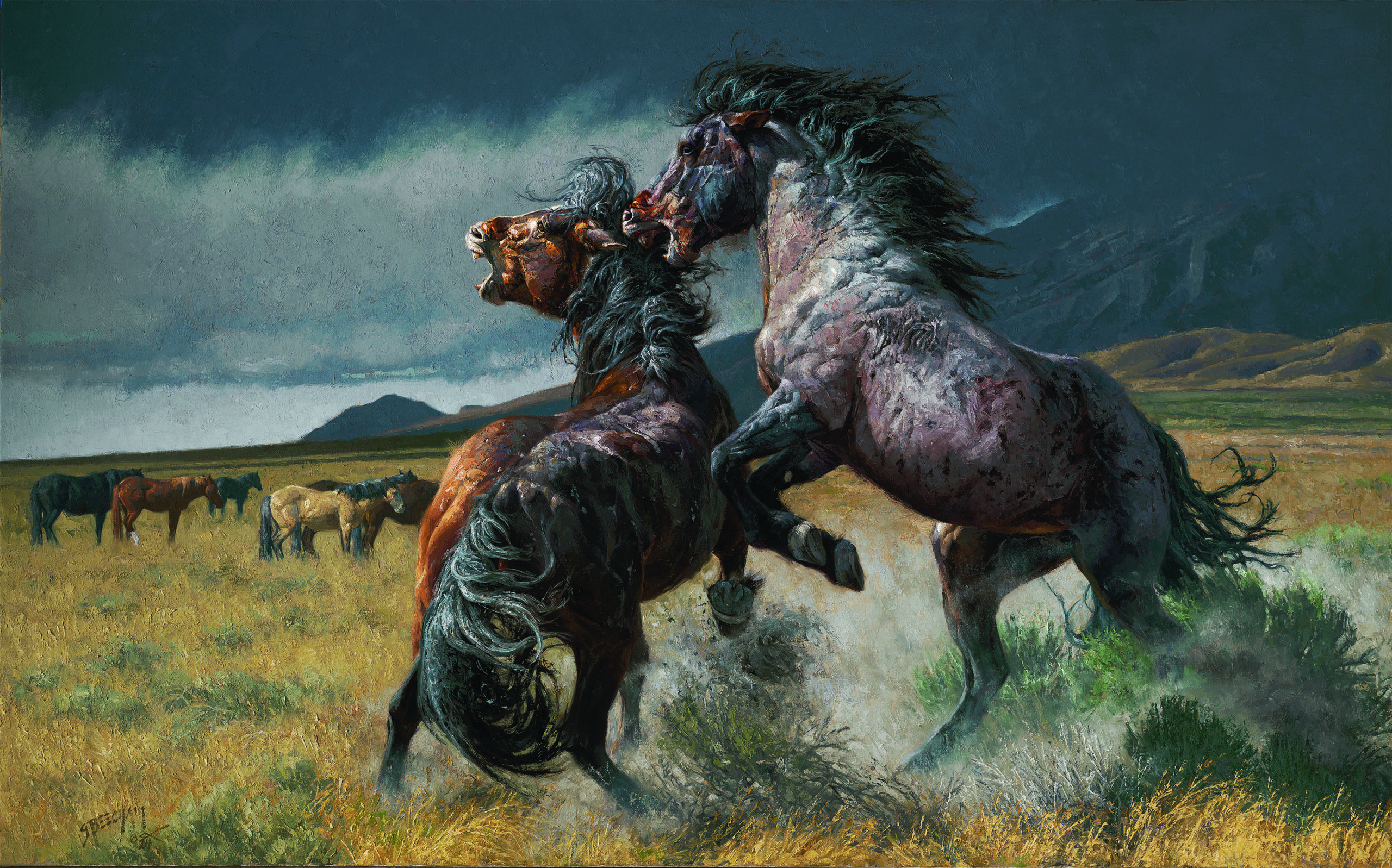 painting by greg beecham of Wild horses of the Onaqui herd