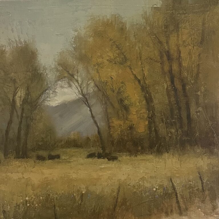 painting by lori mcnee of a stand of tress with cattle grazing in the grass