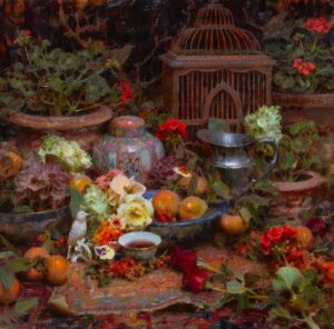 stilllife painting by daniel keys of a teacup, some friuts, surrounded by stoneware pots full of plants