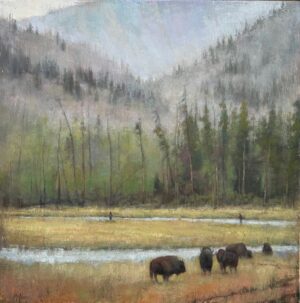 painting by Lori McNee of bison walking alon a stream with mountains in the background