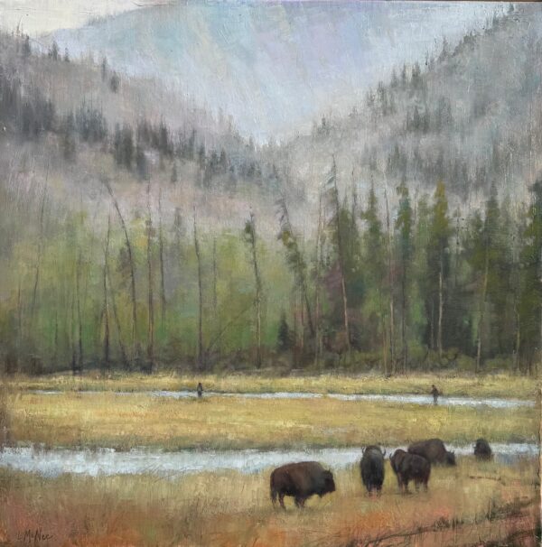 painting by Lori McNee of bison walking alon a stream with mountains in the background