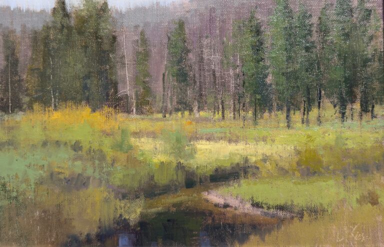 painting by shanna lunz of a small creek running through a field with tall evergreen trees in the background