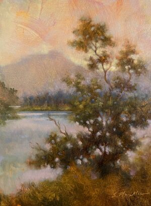 painting by stephanie marzella of a tree in the foreground with a mountain and creek in the backgroundd