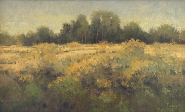 painting by shanna kunz of a field with green trees in the background