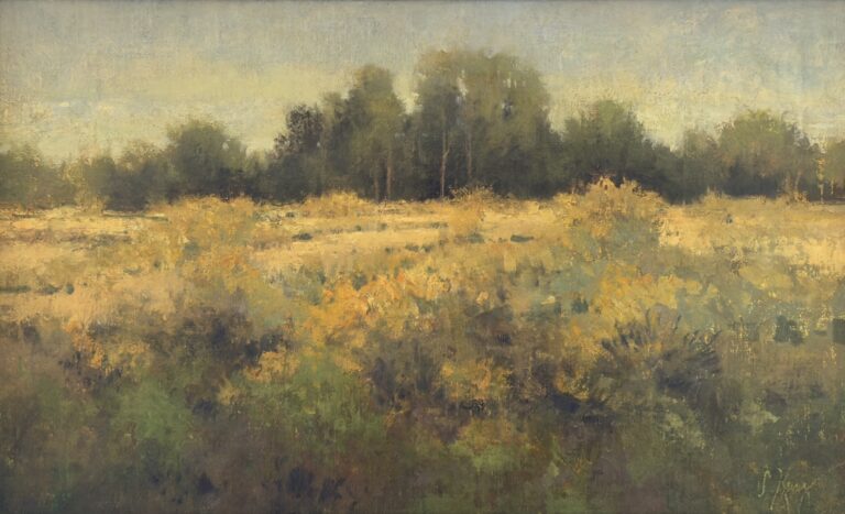 painting by shanna kunz of a field with green trees in the background