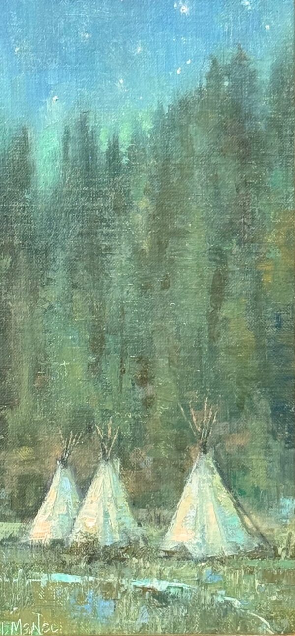 painting by lori mcnee of an encampment of 3 teepees