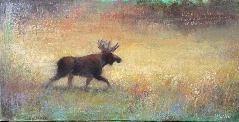 painting by lori mcnee of a moose walking through a grassy field