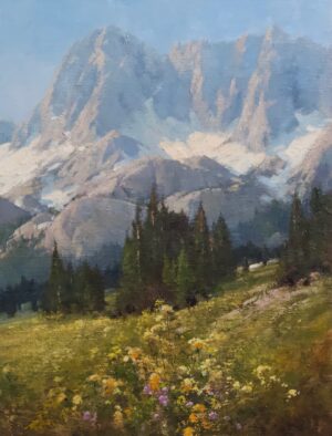 painting by Cindy Baron of a springtime, Flower filled field with a backdrop of the High Sierra Mountains