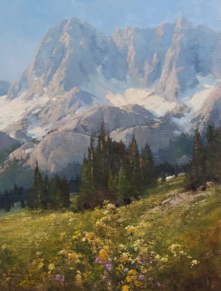 painting by Cindy Baron of a springtime, Flower filled field with a backdrop of the High Sierra Mountains