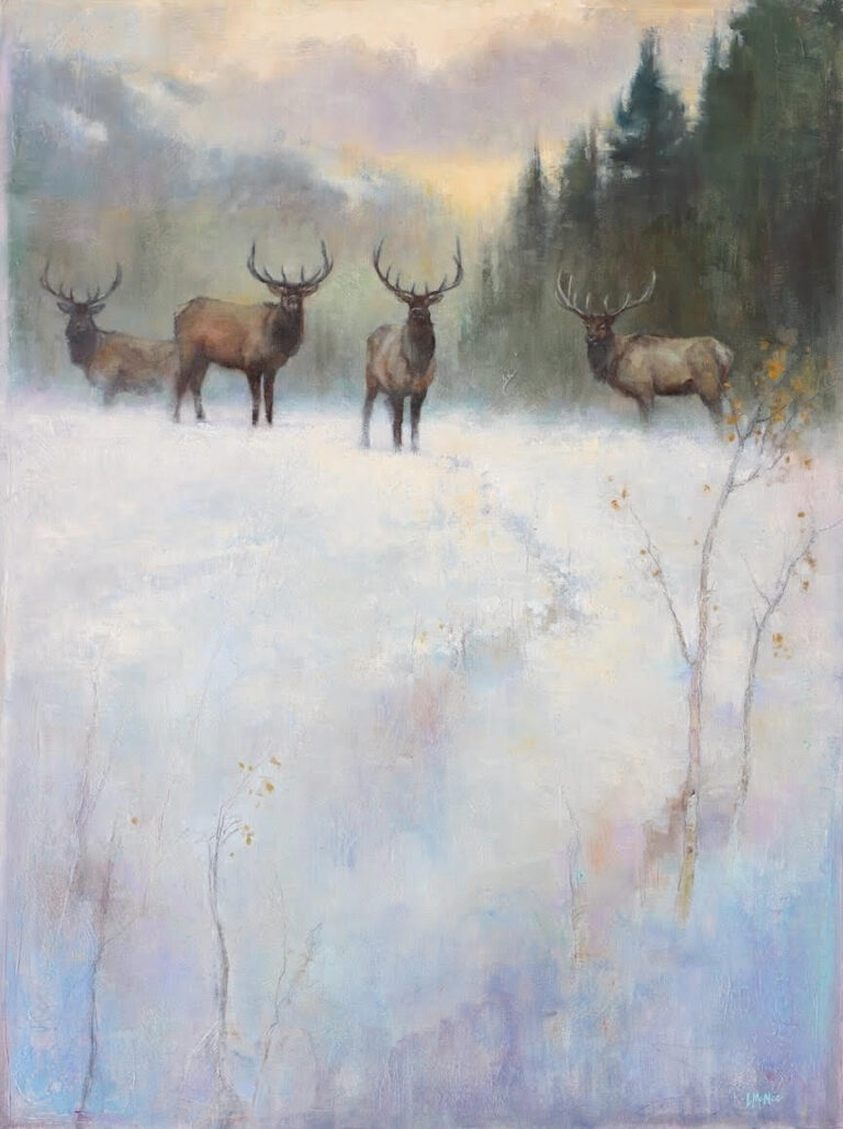 painting by lori mcnee of a small herd of elk standing in a snowy field, two of wich are facing the artist