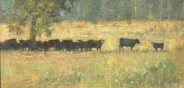 painting by lori mcnee of a heard of cattle under a tree in a grassy field.