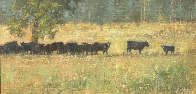 painting by lori mcnee of a heard of cattle under a tree in a grassy field.
