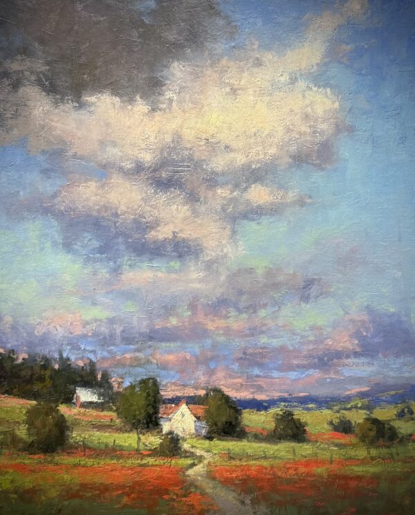 painting by romona younquist of a beautiful summer sky over a farm homestead