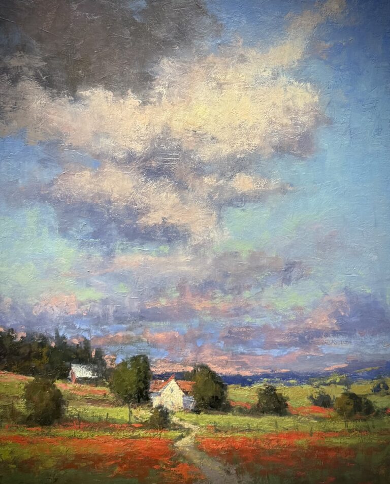 painting by romona younquist of a beautiful summer sky over a farm homestead