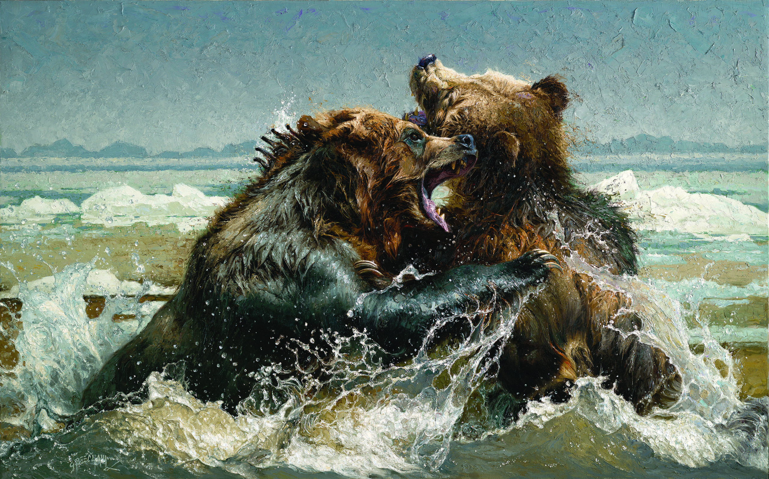 painting by greg beecham of two grizzly bears fighting in a river