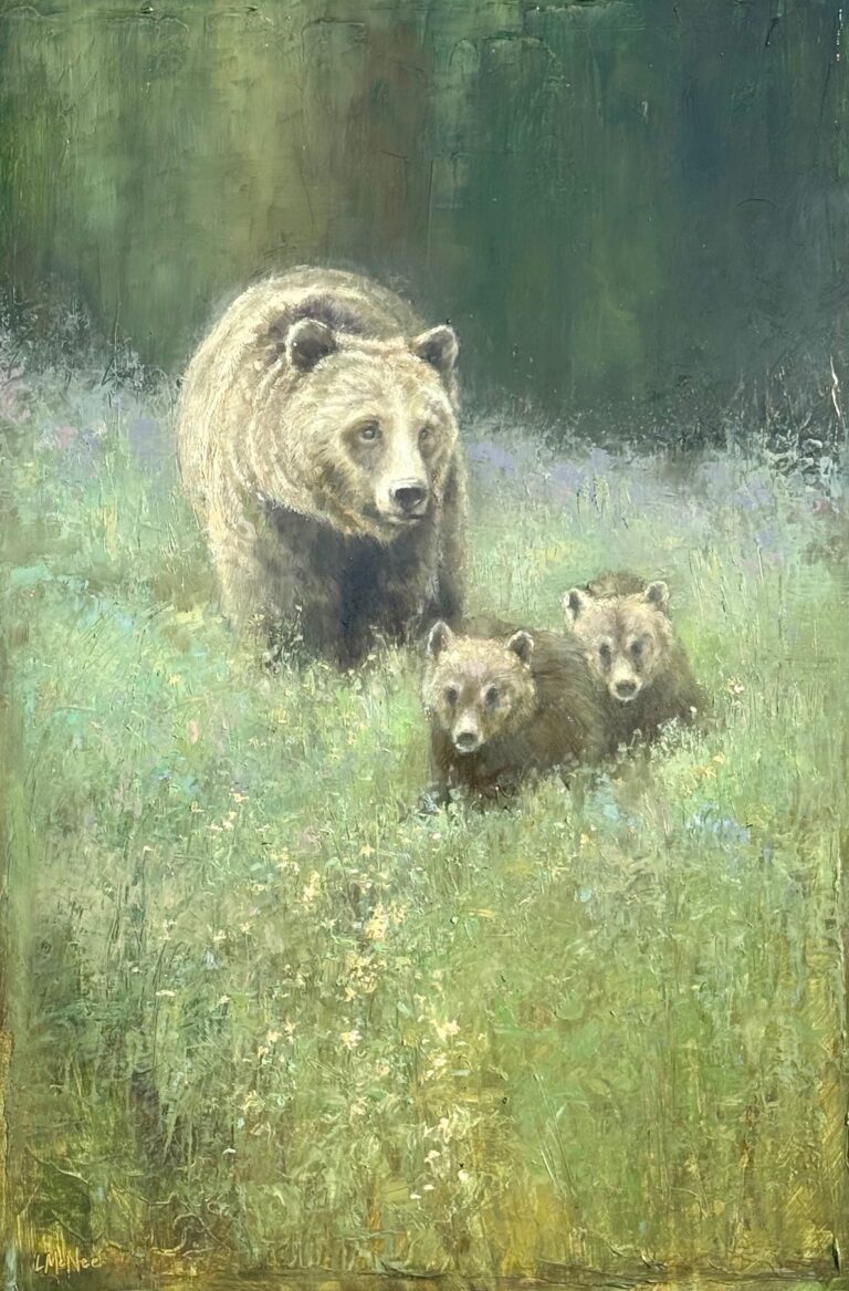 painting by lori mcnee of a grizzly bear mom and two cubs walking through sagebrush