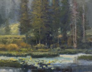painting by shanna kunz of a mountain pond with water lillies