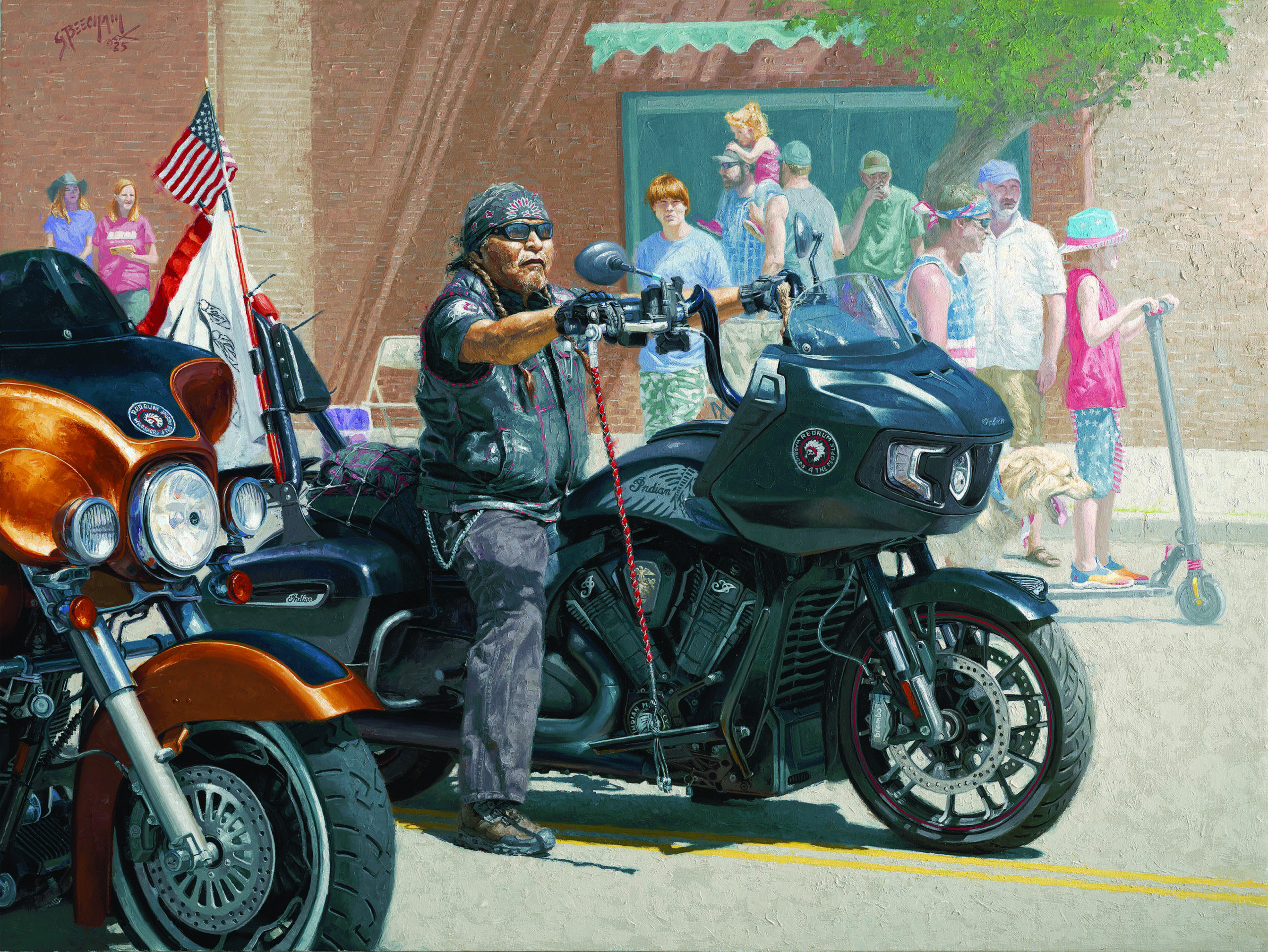 painting by greg beecham of a biker on a motorcycle in a Lander, WY fourth of July parade