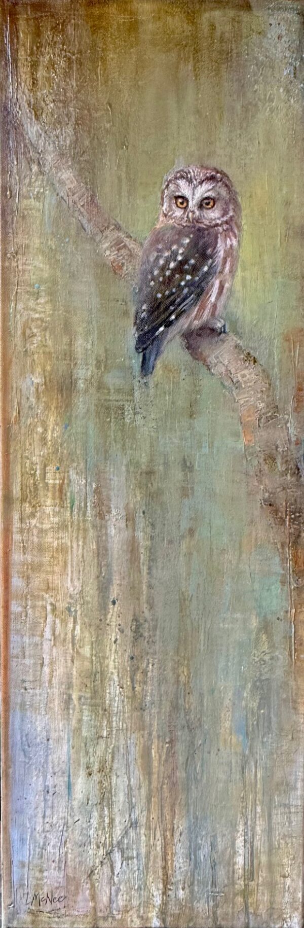 painting bu Lori McNee of an owl sitting on atall post