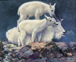a painting by MC Poulson of 2 goat kids standing on their parent