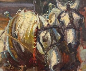 painting by julie rogers oftwo horses in their wagon pulling gear