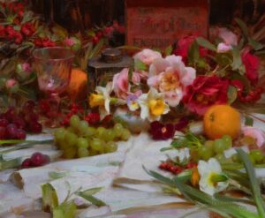 painting by daniel Keys of a still life consisting of camilleas and tea tins, next to some grapes and an orange