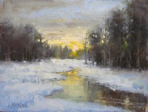landscape painting by lori mcnee of a snowy river reflecting an early morning light