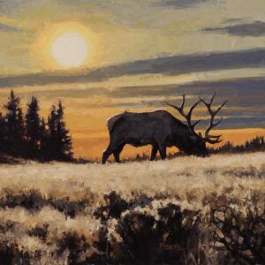 painting by jim bortz of an early morning sunrise sillhoutte of an elk grazing in the frosty grass