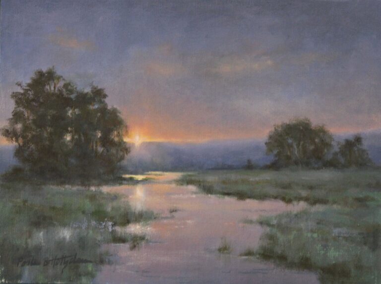 landscape painting by paulal holtzclaw of a evening sunset reflected in a creek