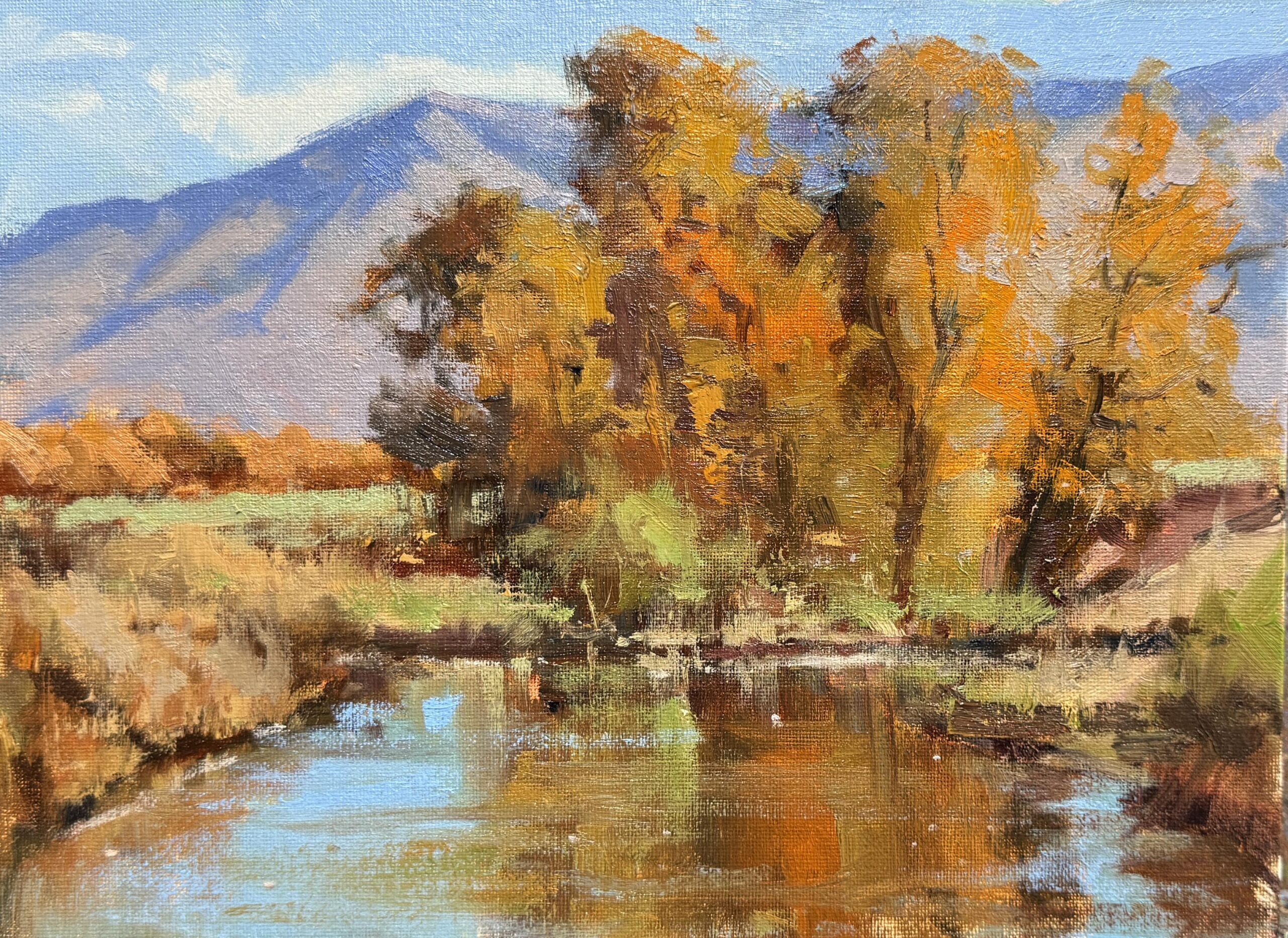 painting by rusty jones of autumn scene - reflection of tress in a quiet river with mountains in the background