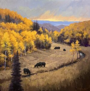 painting by Simon Winegar of cattle grazing near a stream with autumnnal scenery