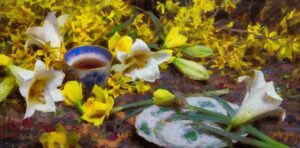 still life painting by daniel keys of forsythia, lilies, and a cup of hot tea