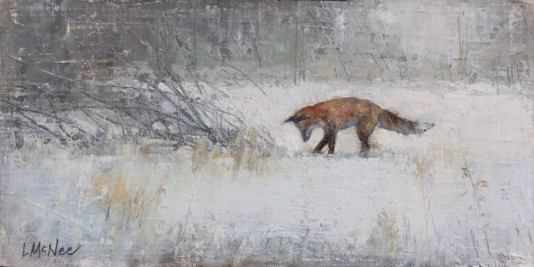 painting by Lori McNee of a fox looking at his dinner in the snow