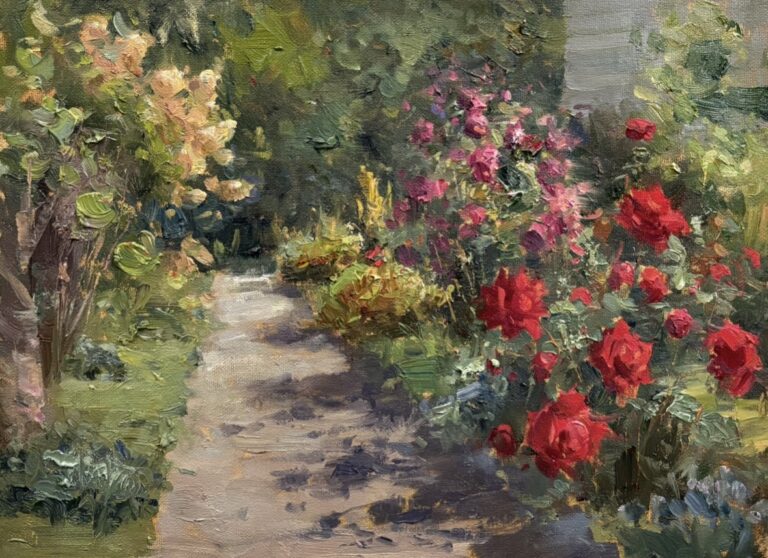 landscape painting by ej paparocki of a paved garden path bordered by beautiful flowers