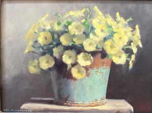 still life painting by rich alexander of a blue bucket holding a bouquet of petunias