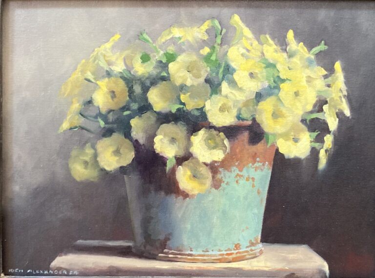 still life painting by rich alexander of a blue bucket holding a bouquet of petunias