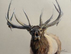 painting by stephen stauffer of an elk that looks to be singing