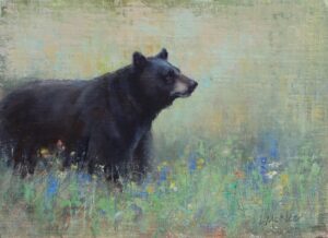 painting by lori mcnee of a black bear looking across a meadow