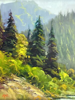 landscape painting by gregory stocks of a mountianous scene with pine trees on a outcropping