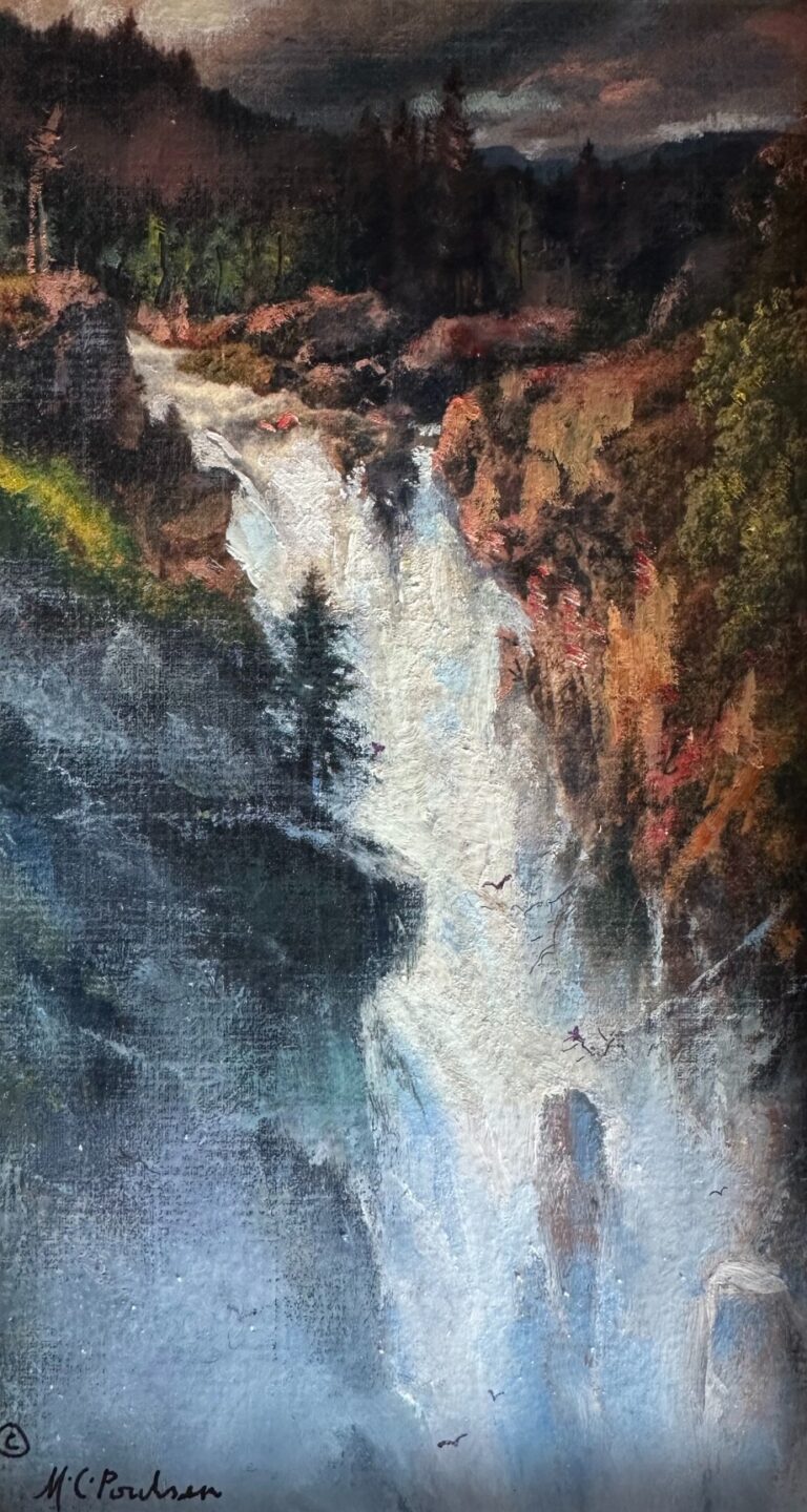painting by MC Poulson of a dramatic waterfall